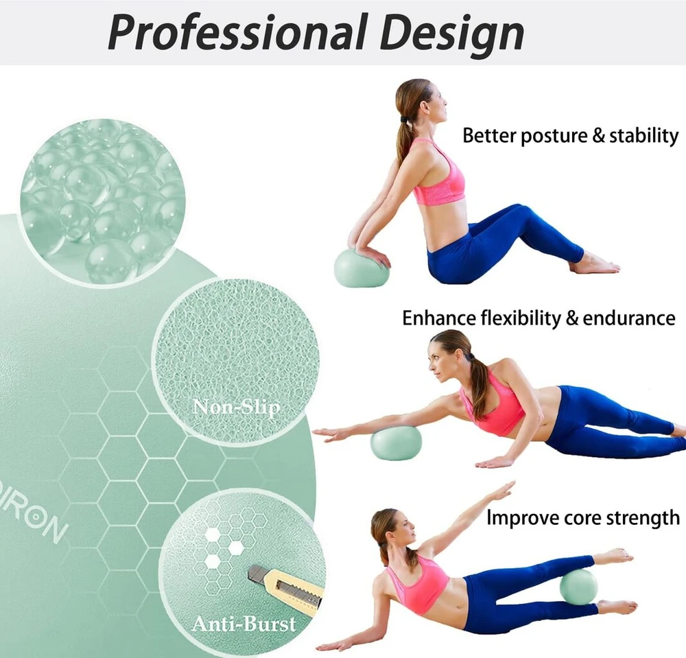 Proiron gimnastikos kamuolys, mažas 25 cm, pilateso kamuolys su treniruočių instrukcijomis, mažas fitneso kamuolys su pripučiamu šiaudeliu, gimnastikos kamuolys pilatesui, jogai, viso kūno treniruotėms