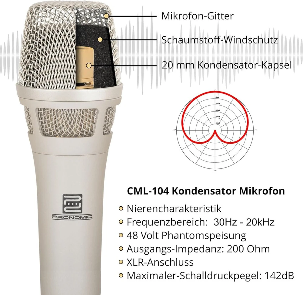 Pronomic Cml-104 kondensatorinis mikrofonas tiksliam garso įrašymui - rankinis mikrofonas su apsauga nuo vėjo - kardioidinis dainavimo mikrofonas - studijinis mikrofonas scenai - su spaustuku ir krepšiu