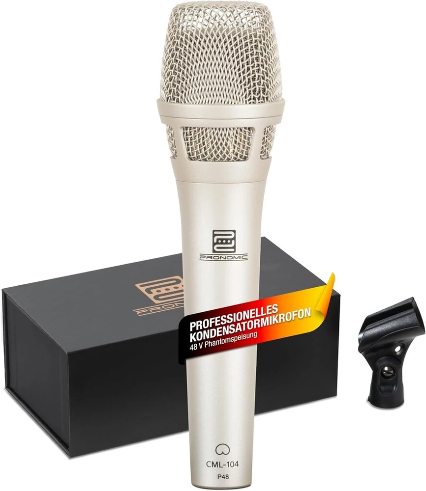Pronomic Cml-104 kondensatorinis mikrofonas tiksliam garso įrašymui - rankinis mikrofonas su apsauga nuo vėjo - kardioidinis dainavimo mikrofonas - studijinis mikrofonas scenai - su spaustuku ir krepšiu