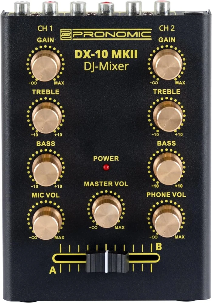 Pronomic Dx-10 Mkii Dj mikšeris - kompaktiškas 2 kanalų Dj mikšeris su dviem linijų įėjimais ir 2 juostų ekvalaizeriu - mikrofono įėjimas su atskiru garso valdymu - pagrindinis ir ausinių išėjimas - juodas