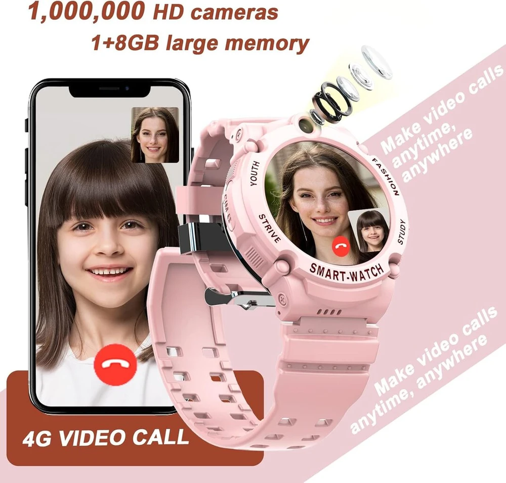 Pthtechus 4g Gps Wifi vaikiškas išmanusis laikrodis-telefonas, apvalus Hd jutiklinis mobiliojo telefono laikrodis vaikams su apsaugos nuo pametimo Gps Wifi Lbs sekikliu, Mp3, vaizdo skambučiais, Sos, balso pokalbiais, Mp3, žingsniamačiu (rožinis)