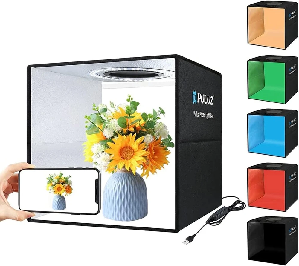 Puluz 30 cm fotok dėžė fotografijai, sulankstoma fotostudijos šviesos dėžė, produktų fotografijos dėžė su minkšta šviesos medžiaga ir 6 pvc fonais