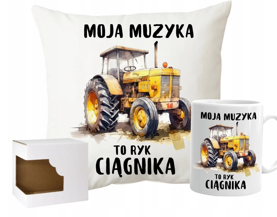 Puodelis ir pagalvė su traktoriaus motyvu "mano muzika – traktoriaus ūžesys"