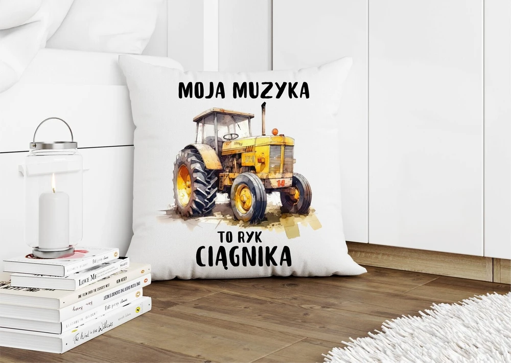 Puodelis ir pagalvė su traktoriaus motyvu "mano muzika – traktoriaus ūžesys"