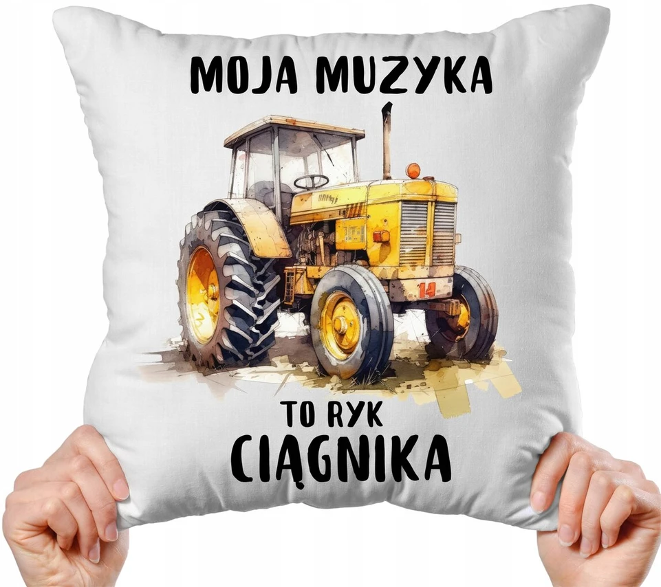 Puodelis ir pagalvė su traktoriaus motyvu "mano muzika – traktoriaus ūžesys"