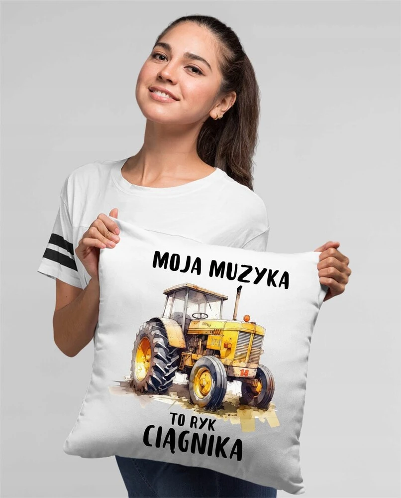 Puodelis ir pagalvė su traktoriaus motyvu "mano muzika – traktoriaus ūžesys"