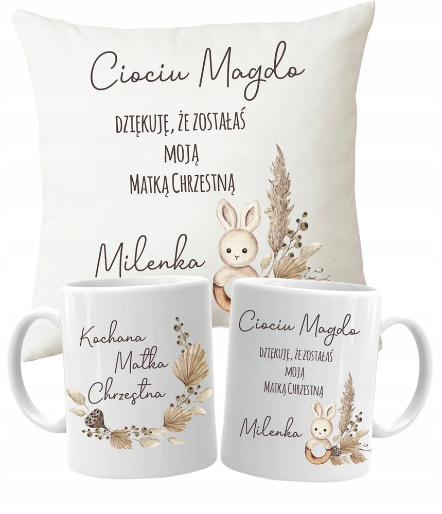 Puodelis + pagalvė Boho rinkinys padėkoti krikšto tėvams W1