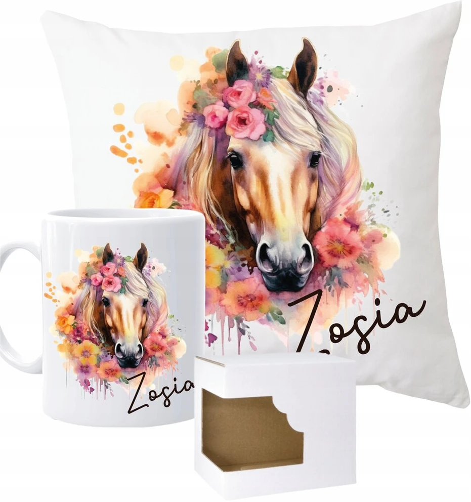 Puodelis + pagalvė su arkliu spalvingas boho arklys + bet koks vardas