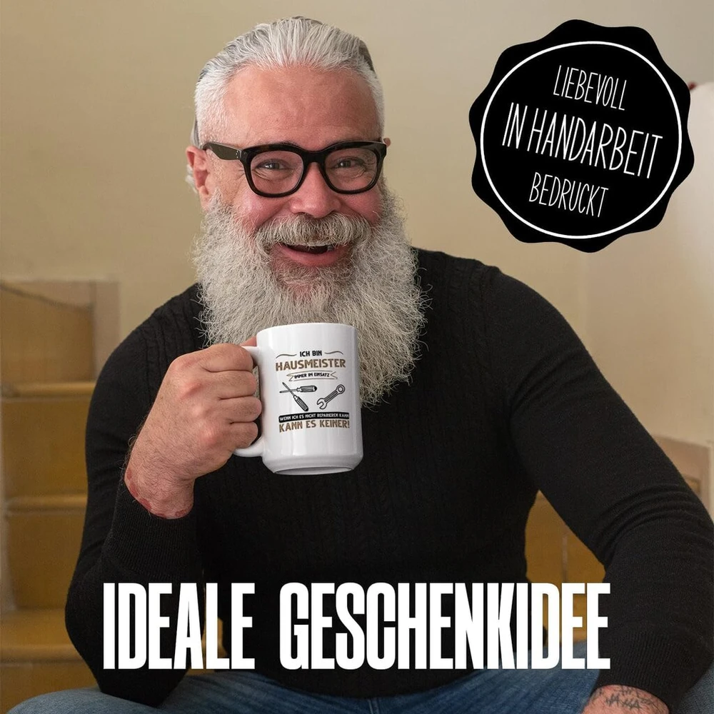 Puodelis su užrašu Hausmseiter - Ich oder keiner Becher Handwerker Facility Manager - Juokinga dovana - Kavos puodelis kaip dovanos idėja - Kavos puodelis 330 ml - Baltas/juodas