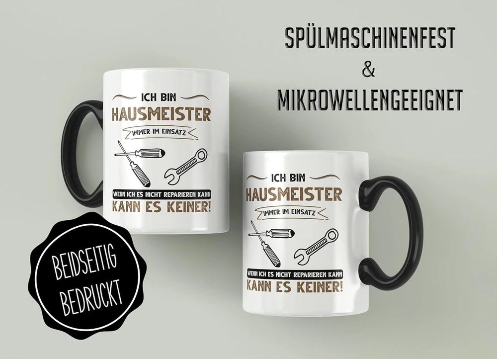 Puodelis su užrašu Hausmseiter - Ich oder keiner Becher Handwerker Facility Manager - Juokinga dovana - Kavos puodelis kaip dovanos idėja - Kavos puodelis 330 ml - Baltas/juodas