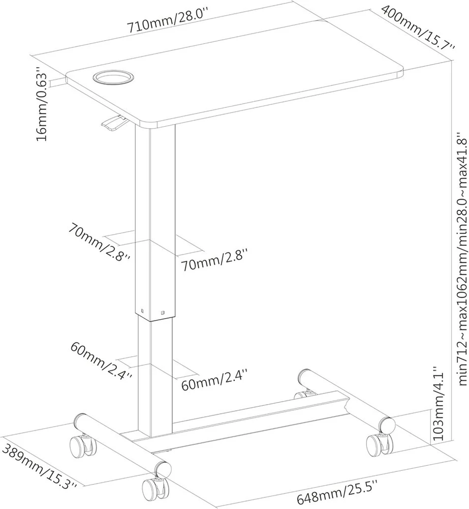 Puremounts® Mobilus staliukas šoninis, reguliuojamo aukščio, aukščio reguliavimas 71,2 cm iki 106,2 cm, iki 7kg keliamoji galia, užrakinami ratukai, integruotas gėrimų laikiklis, juodas