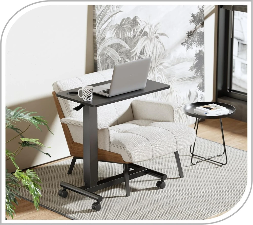 Puremounts® Mobilus staliukas šoninis, reguliuojamo aukščio, aukščio reguliavimas 71,2 cm iki 106,2 cm, iki 7kg keliamoji galia, užrakinami ratukai, integruotas gėrimų laikiklis, juodas