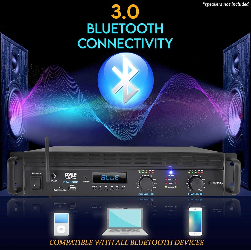 Namų kino sistema Pyle 2 kanalų „bluetooth“ galios stiprintuvas - 2000w tiltinis į lentyną montuojamas profesionalus garso belaidis namų stereo imtuvas su trs xlr įvestimi, lcd ekranu, tiltiniu režimu, ventiliatoriumi