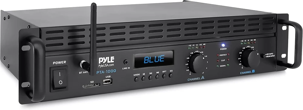 Namų kino sistema Pyle 2 kanalų „bluetooth“ galios stiprintuvas - 2000w tiltinis į lentyną montuojamas profesionalus garso belaidis namų stereo imtuvas su trs xlr įvestimi, lcd ekranu, tiltiniu režimu, ventiliatoriumi