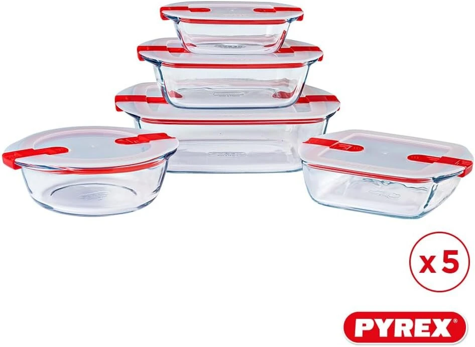 Pyrex® - Cook & Heat - 5 stiklinių indų rinkinys su hermetiškais dangteliais, tinkamas naudoti mikrobangų krosnelėje, be Bpa