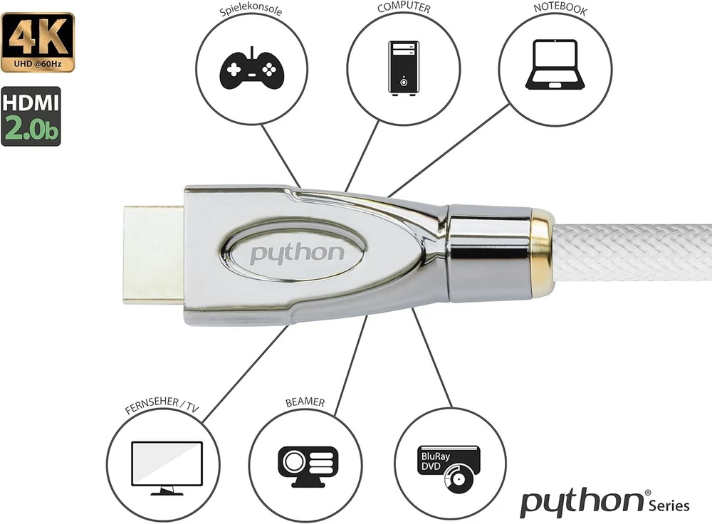 Python Series Premium didelės spartos hdmi jungties kabelis su ethernet – 4k2k / uhd / ultra hd @ 60 hz – hdmi 2.0 – varinis laidininkas, 3d, trigubas ekranavimas, nailono pynė – baltas – 5 m