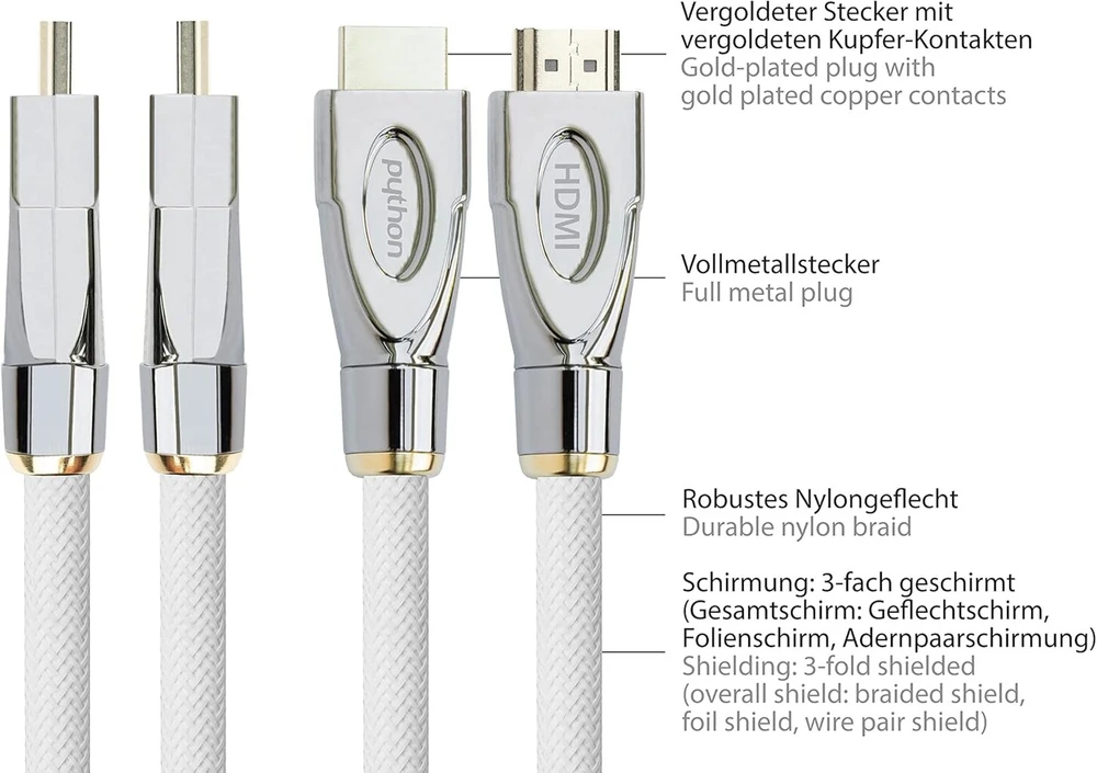 Python Series Premium didelės spartos hdmi jungties kabelis su ethernet – 4k2k / uhd / ultra hd @ 60 hz – hdmi 2.0 – varinis laidininkas, 3d, trigubas ekranavimas, nailono pynė – baltas – 5 m