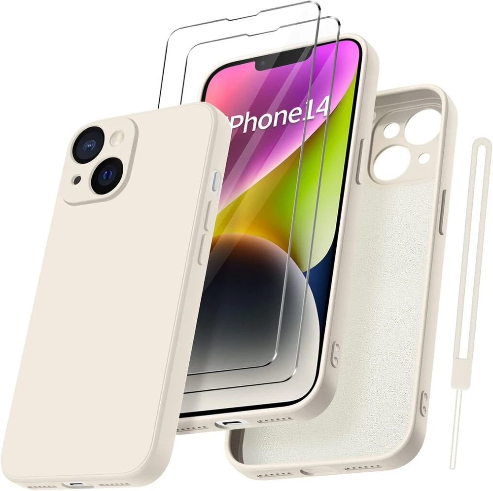 Qasyfanc silikoninis telefono dėklas, skirtas iphone 14, su 2 apsauginėmis plėvelėmis, itin mikropluošto tpu skystas silikonas su kameros apsauga, atsparus įbrėžimams, visapusiška apsauga, 6,1 colio (baltas)