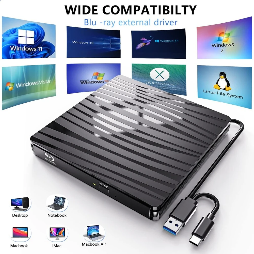 Qdsylq išorinis Blu Ray įrenginys 50g, Type-c ir Usb 3.0 Hd 1080p Bluray įrenginys išorinis Blu Ray įrenginys išorinis Bd Cd Dvd Rom Rw Blu-ray įrenginys nešiojamam kompiuteriui Pc Mac Windows 11/10/8/7/xp/linux/macos Xin