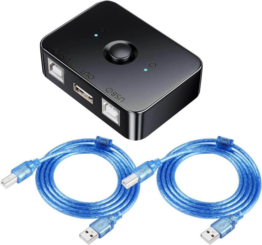 Qianrenon Usb 2.0 spausdintuvo bendrinimo jungiklis 2 prievadų Usb B slėgio jungiklio adapteris 2 kompiuteriams dalintis 1 spausdintuvu rankinis perjungiklis su Led lempute, įskaitant 2 x 1,5 m Usb 2.0 spausdintuvo kabelį