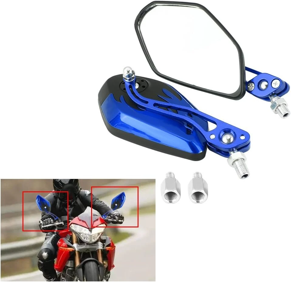 Qiilu universalus 8 mm 10 mm motociklo motorolerio aliuminio liepsnos šoninis veidrodėlis mėlynas
