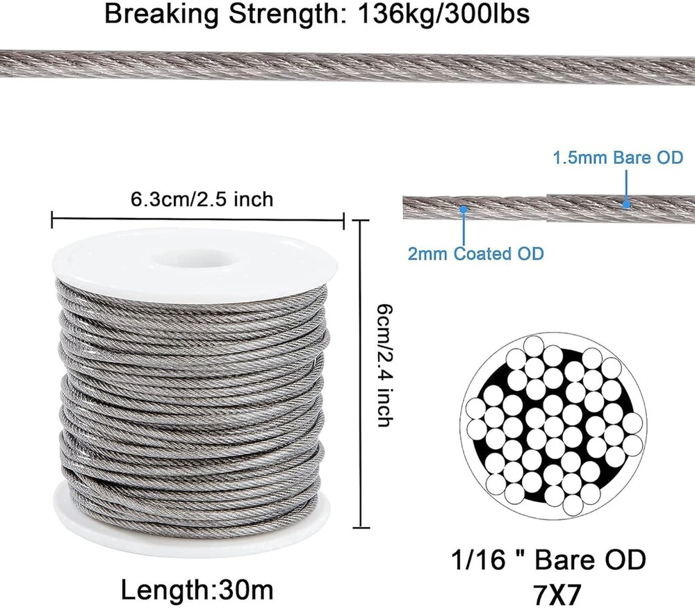 Qimei-shop vielinis trosas 30 m 2 mm nerūdijančio plieno kabelis su kilpomis sodo viela su dengtu M5 trosų įtempikliu Turnbuckle vielinio тросо gnybtu pakabinamai užuolaidų virvei skalbinių virvei
