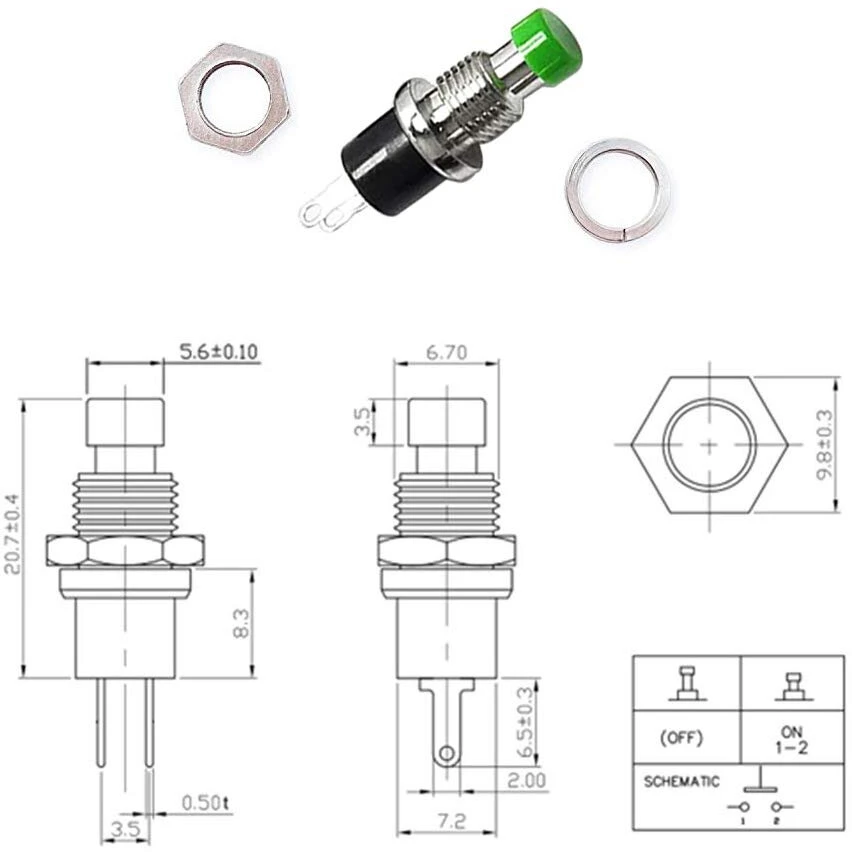 Qitindasen Premium 7 mm mini momentinis mygtukinis jungiklis, normaliai atidarytas, 2 kontaktų Spst mygtukinis jungiklis, fiksuojamas mygtukinis jungiklis 1a 250v Ac (6 spalvos)