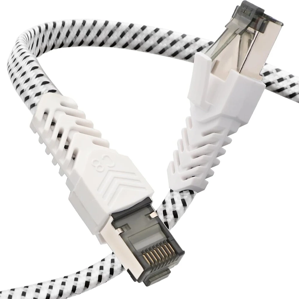 Qiuean Lan kabelis 30 m, Cat 8 tinklo kabelis nailono pynimo plokščias didelio greičio ethernet kabelis 40 gbps 2000 mhz s/ftp patch kabelis su nikeliu dengta rj45 jungtimi, skirtas ps5/laptop/router/gaming/modem