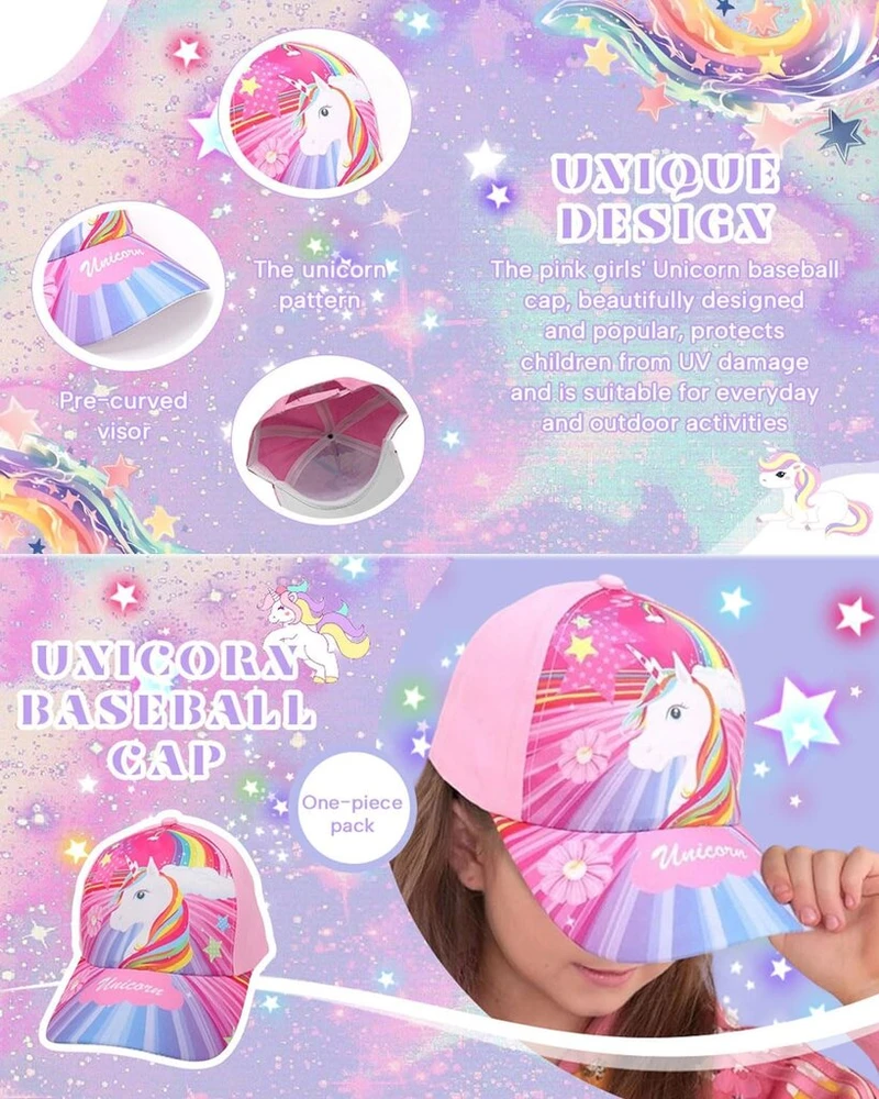 Qleuift 1 x mergaičių beisbolo kepurė, reguliuojama vaikiška snapback stiliaus kepurė, medvilninė, mergaičių beisbolo kepurė, saulės kepurė, spalvingas rožinis vienaragis