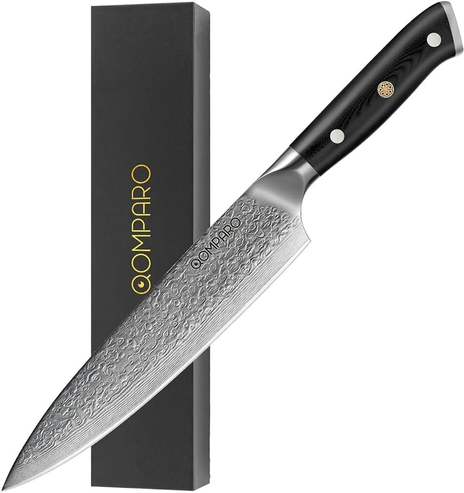Qomparo Damasko peilis, 20 cm ašmenys, 67 sluoksniai Vg-10 Damasko plieno profesionalus virtuvinis peilis, itin aštrus japoniškas šefo peilis su ergonomiška G-10 rankena ir dovanų pakuote