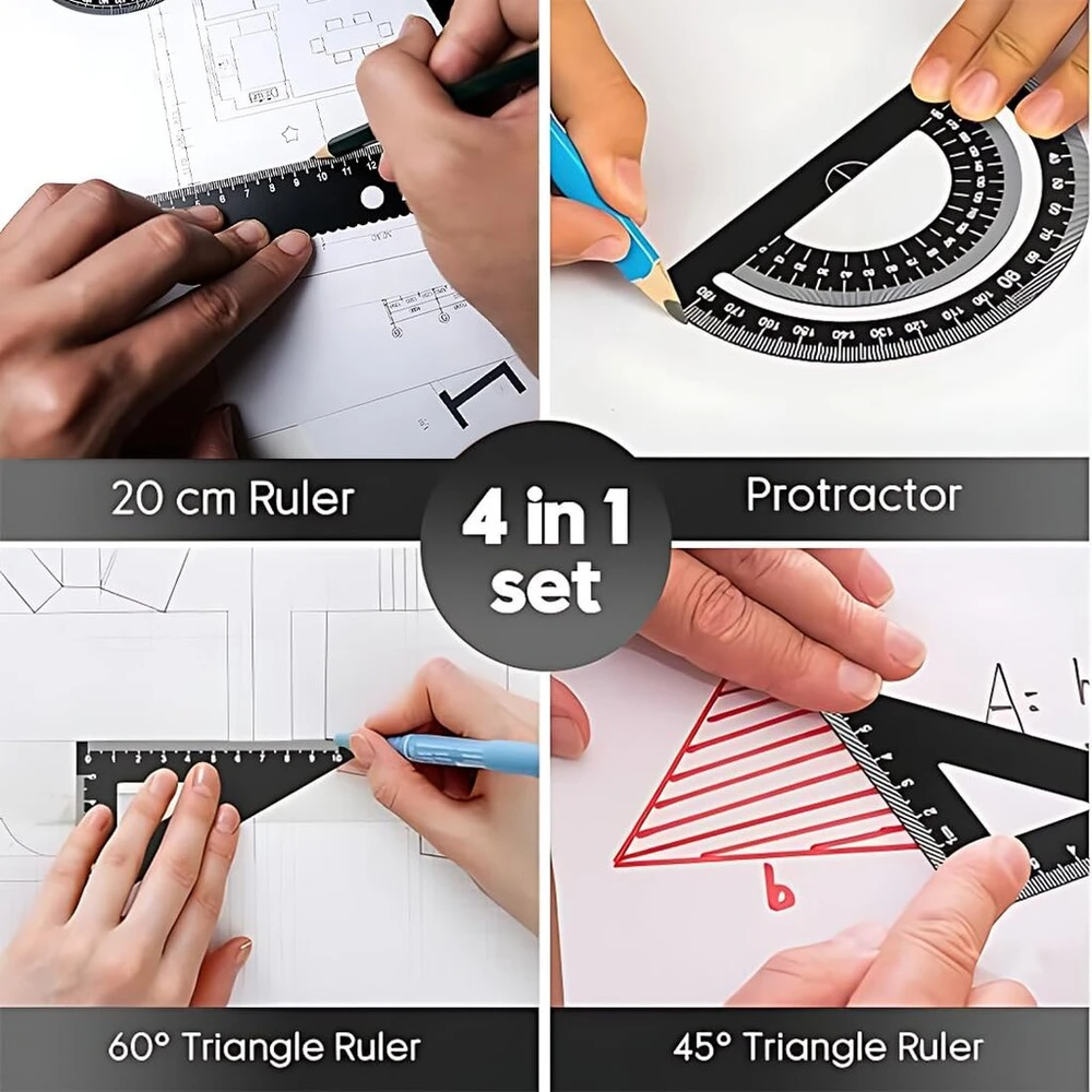 Qowuxhz liniuočių rinkinys metalinis trikampis liniuočių rinkinys 4 vienetų 15 cm liniuočių rinkinys aliuminio liniuočių rinkinys studentų liniuotė geometrijos rinkinys mokyklinė liniuotė mokyklinis geometrijos rinkinys architektams inžinieriams braižytoj