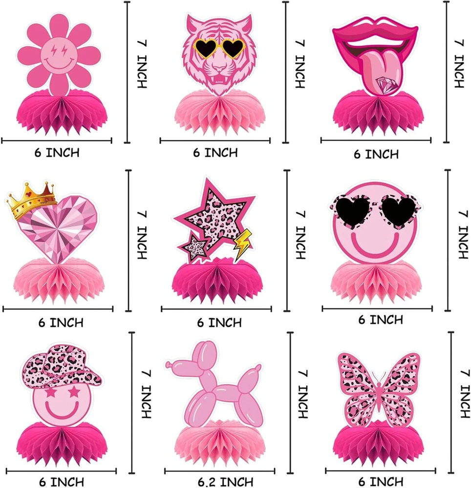 Qpout rinkinys, 9 vnt., preppy vakarėlio stalo dekoracijos Y2k ryškiai rožinės spalvos korio formos stalo papuošimai preppy stiliaus gimtadienio dekoracijos mieli blizgantys lūpų formos žvaigždės ryškiai rožinės spalvos preppy vakarėlio korio formos stalo