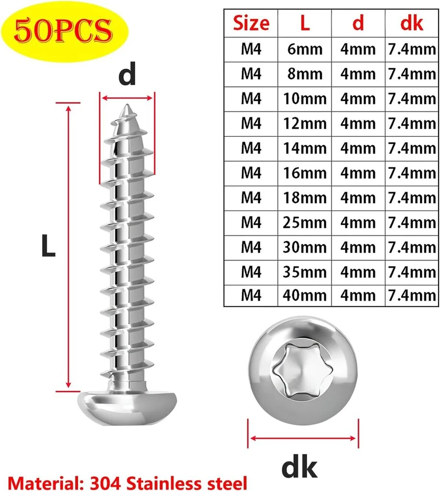 Qrity 50 vnt. M4 x 10 mm savisriegis sraigtas, torx plokščia galvutė, nerūdijančio plieno apvali galvutė savigręžiai sraigtai
