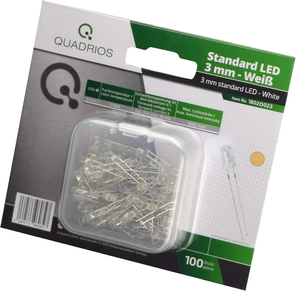 Quadrios Gmbh Standartinis Led rinkinys, šiltai balta šviesa, 3 mm šviesos diodai ir dokumentacija (100 vnt.)