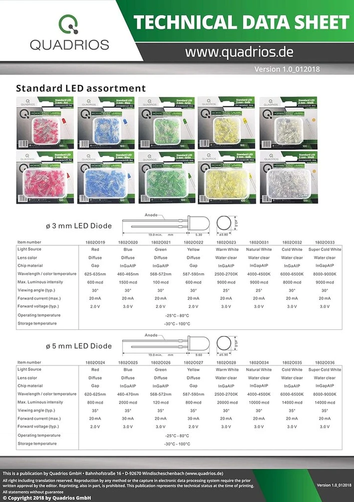 Quadrios Gmbh Standartinis Led rinkinys, šiltai balta šviesa, 3 mm šviesos diodai ir dokumentacija (100 vnt.)