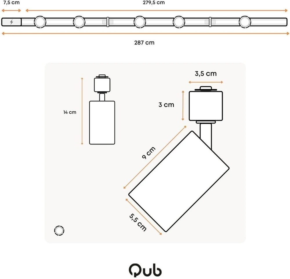 Pakabinamas šviestuvas Qub Focus Iii 1-fazė Led bėgių sistema, 300 cm, 5 x Gu10 prožektoriai, 3 x 1 m bėgeliai, I formos, lubų prožektorius, baltas, išplečiama ir lanksti, suderinama su Led, modernaus dizaino spot lempa