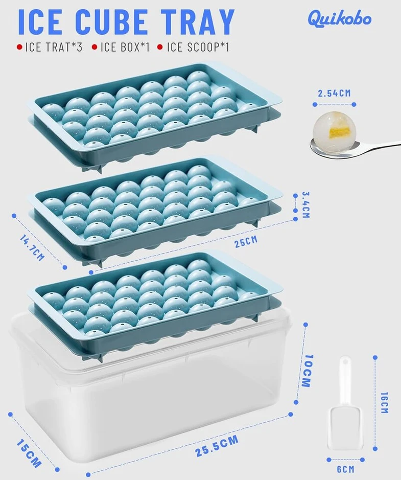 Quikobo ledo kubelių padėklas su dangteliu ir konteineriu, ledo rutuliukų gaminimo forma šaldikliui, mini apvali ledo kubelių forma 99 sferiniams ledo rutuliukams (2,54 cm/1 colis), 3 padėklai, 1 ledo kibirėlis ir semtuvėlis.