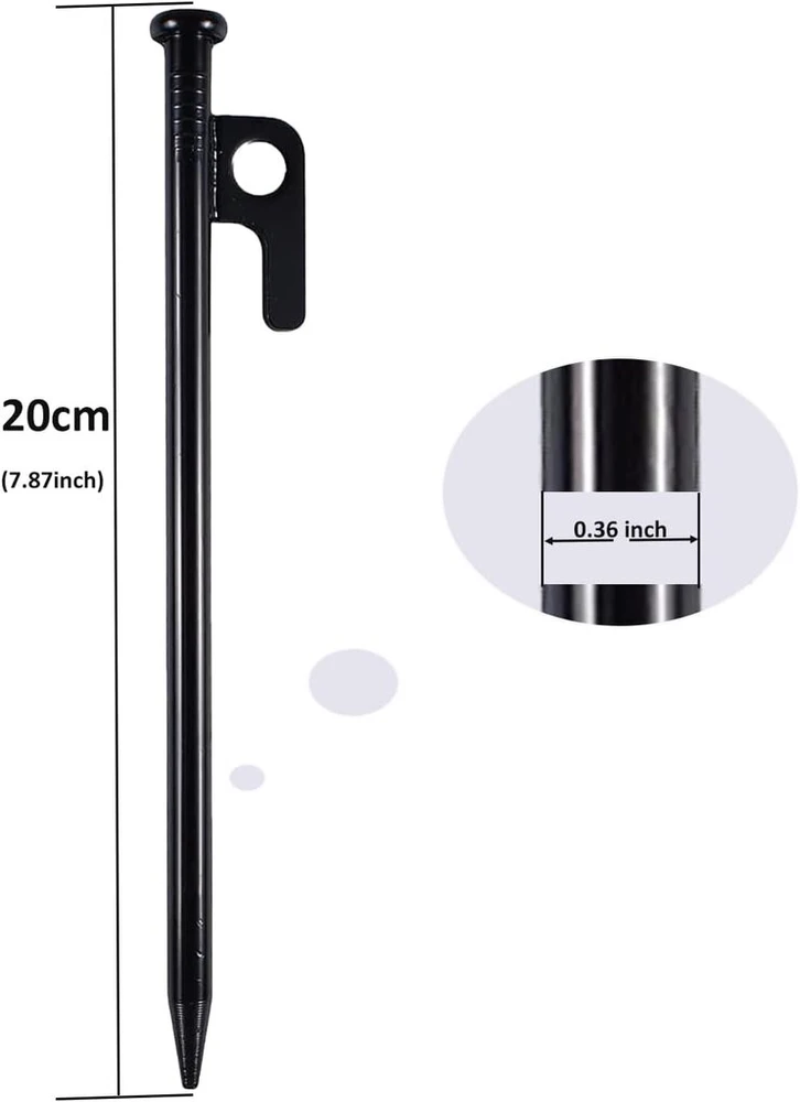 Quixotical 8 vnt. palapinių kuoliukų rinkinys, plieniniai kuoliukai, 20 cm stabilūs stovyklavimo palapinių kuoliukai, didelio stiprumo kuoliukai su kabliuku ir skylute, idealūs stovyklavimui, kelionėms ir lauko veiklai