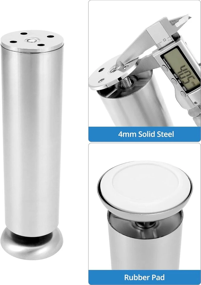 Fotelis Qwork reguliuojamos baldų kojelės, 4 vnt. – 20 cm – 10 mm reguliuojamos – nerūdijantis plienas – apkrova 200 kg – sofai, kušetei, lovai, stalui, spintelei