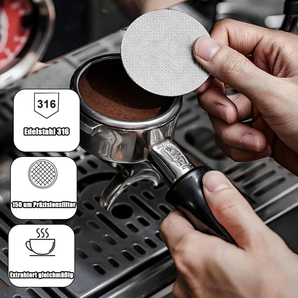 Qzkjqdd Puck Screen 58 mm, kavos priedai su traukimo forma, portafiltro priedai, 1,7 mm storio, 150 μm 316 nerūdijantis plienas, daugkartinio naudojimo, tikslus maltos kavos užpildymas, nerūdijantis, skirtas 58 mm