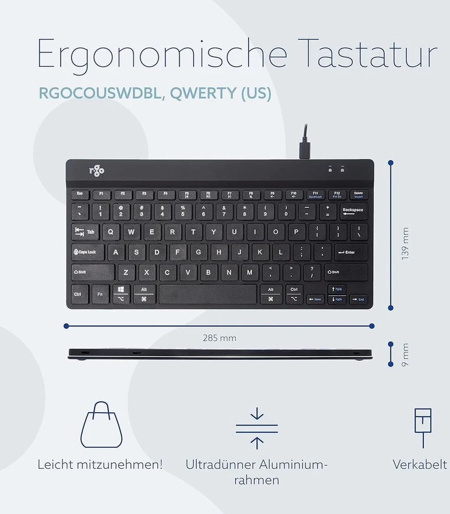 R-go Compact Break klaviatūra, Qwerty Us išdėstymas, su pertraukos ekranu, ergonomiškas plokščias dizainas, laidinė, juoda