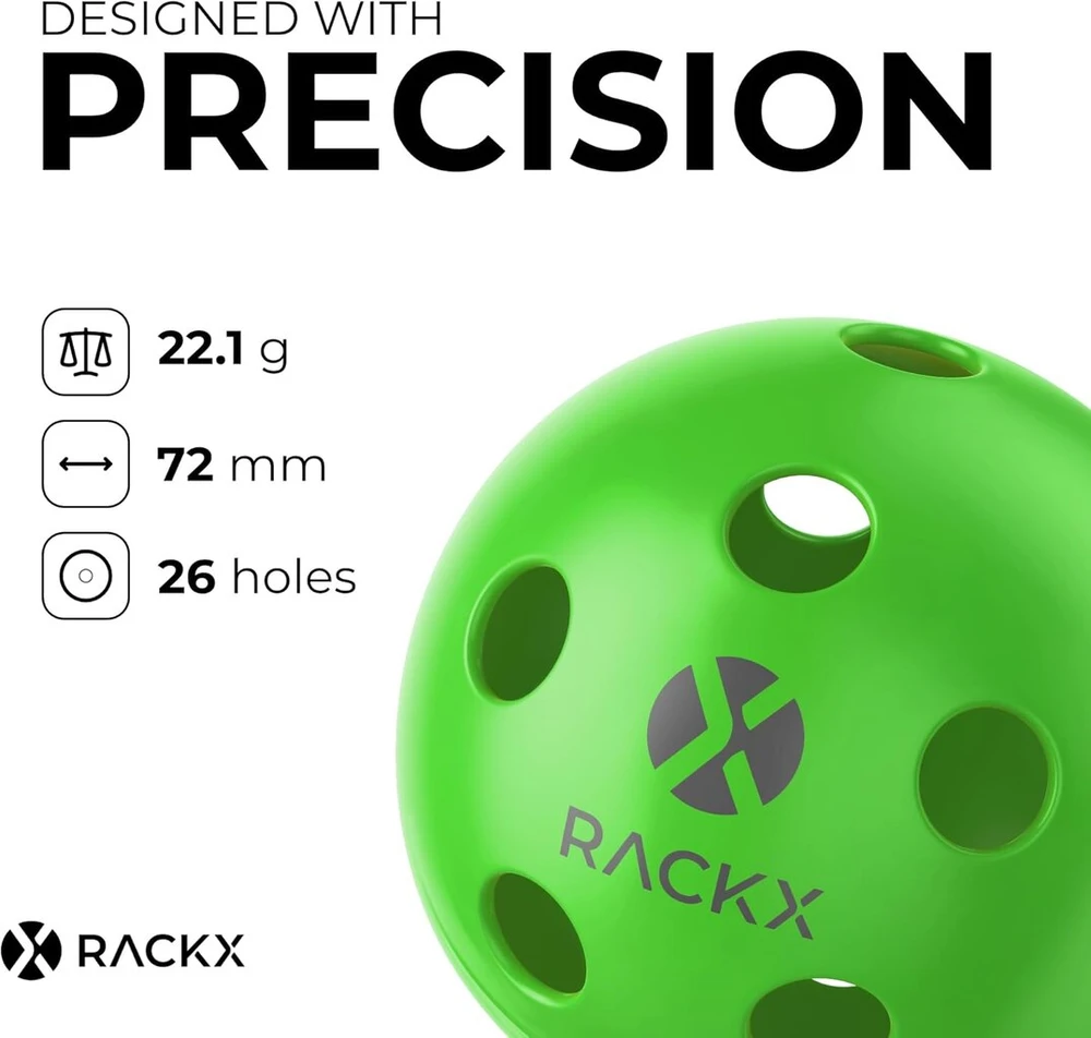 Rackx Pickleball Dot26 kamuoliukai – aukščiausios kokybės, specialiai skirti žaidimams patalpose – 26 skylutės – 4 vnt. pakuotė