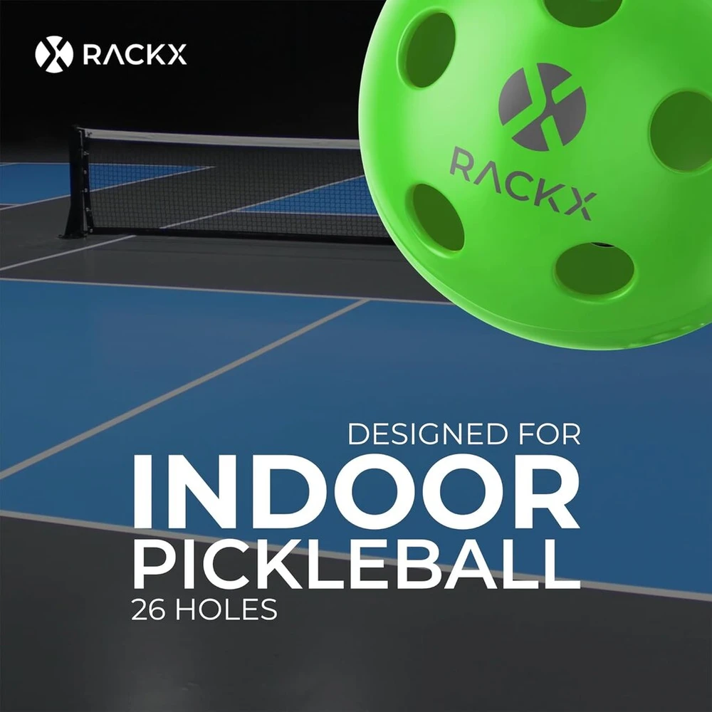 Rackx Pickleball Dot26 kamuoliukai – aukščiausios kokybės, specialiai skirti žaidimams patalpose – 26 skylutės – 4 vnt. pakuotė
