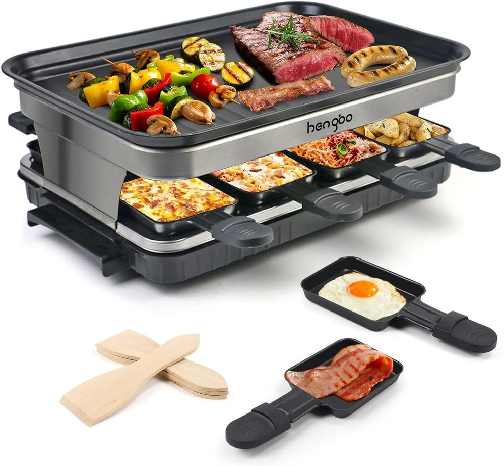 Sumuštinių keptuvas Raclette grilis 8 asmenims, 8 mini raclette keptuvės sūriui ir garnyrams gaminti bei medinė mentelė, lankstus temperatūros valdymas, didelis kvadratinis nelipnus kepimo paviršius