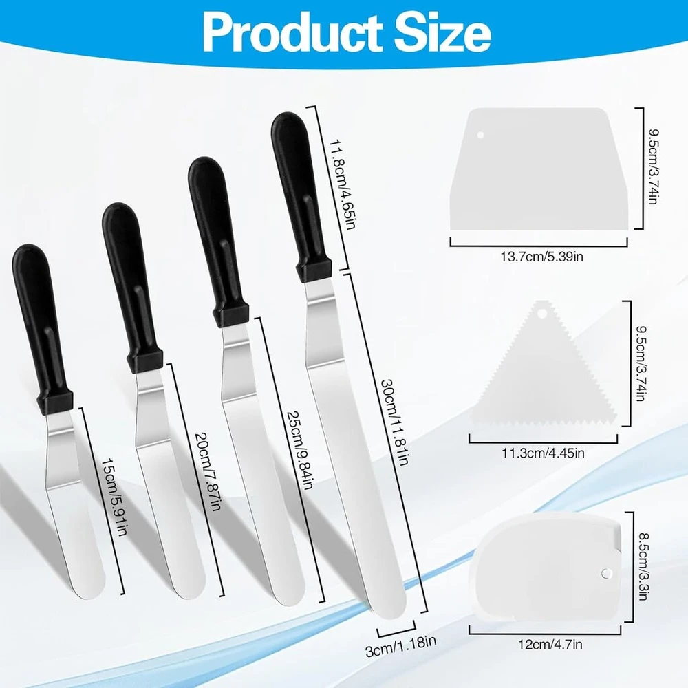 Rafiyu 7 spatulių rinkinys, 4 glaisto mentelės ir 3 plastikiniai tešlos grandikliai, kampuota paletė tortams iš nerūdijančio plieno, torto mentelė kremui tepti ir tortams, pyragams dekoruoti (15 cm, 20 cm, 25 cm, 30 cm)