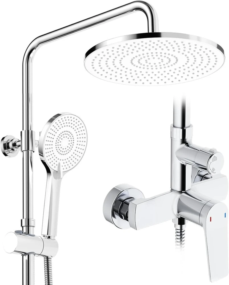 Rainsworth dušo sistema su chromo detalėmis, lietaus dušas su žalvario detalėmis, 25 cm lietaus dušas, 3 srovių tipų dušo galvutė, pilnas dušo komplektas, dušo rinkinys