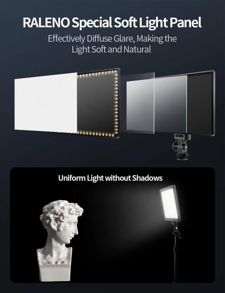 Raleno led vaizdo kamera, įmontuoti įkraunami akumuliatoriai, 3200 k - 5600 k reguliuojamas dviejų atspalvių ir ryškumo cri95+, itin plona vaizdo kamera su lcd ekranu kūdikiams, „youtube“, interviu, portretams
