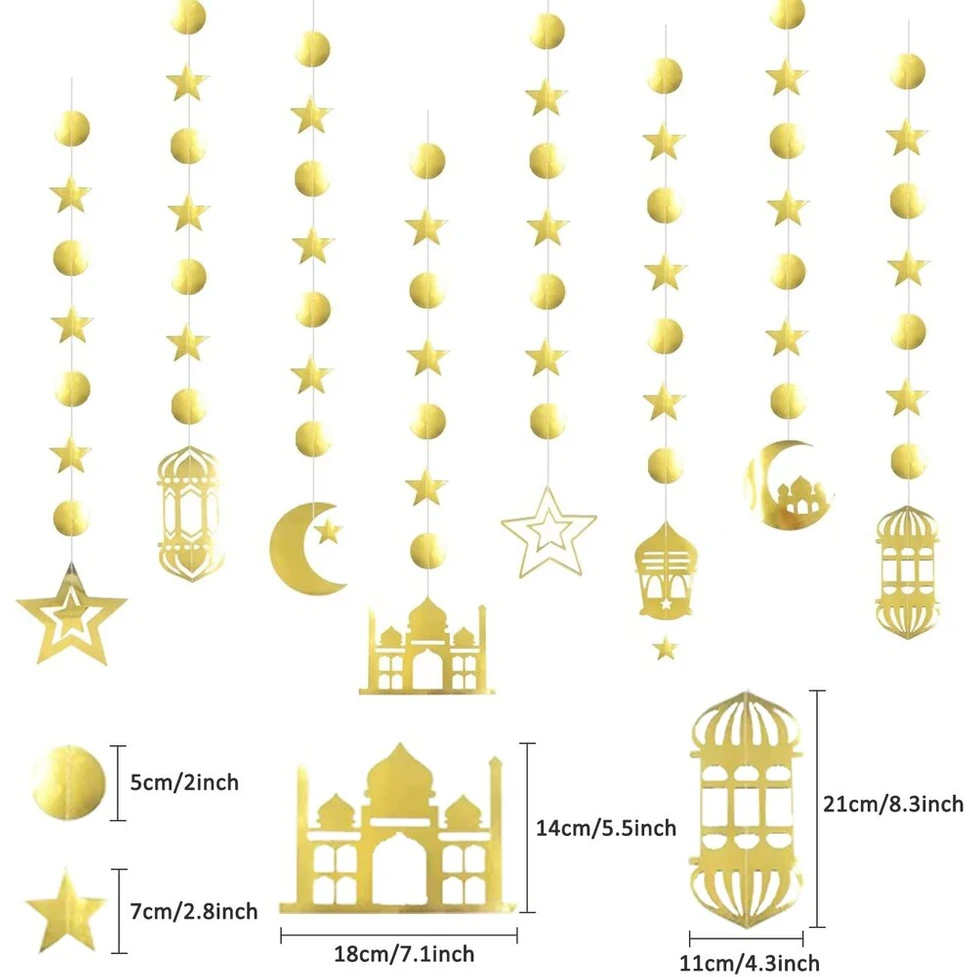 Ramadan Mubarak auksinės žvaigždės mėnulio žibinto girlianda, Eid Mubarak pakabinamas ženklas islamo dekoracijos Eid festivalio vakarėlio dekoravimui, Ramadan Kareem dekoro reikmenys