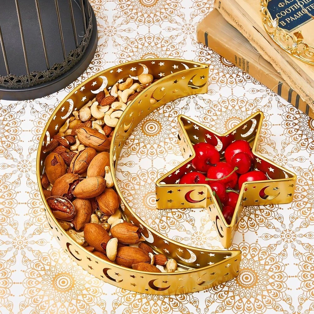 Ramadano Eid Mubarak desertų padėklas, musulmonų Ramadano serviravimo padėklas, mėnulio ir žvaigždės pyragaičių padėklas, islamiški desertų padėklai, užkandžių, serviravimo padėklas, maisto laikymo konteineris, auksinis, 2 vnt.