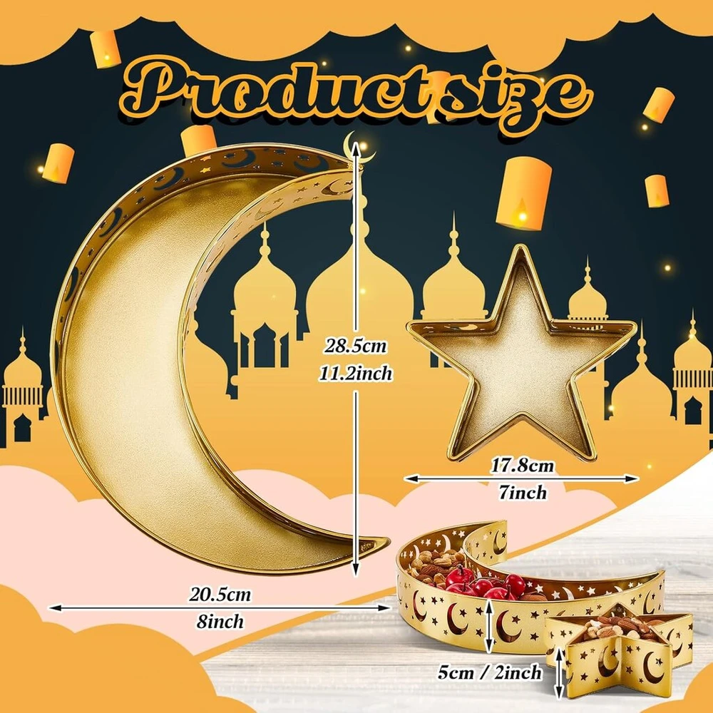 Ramadano Eid Mubarak desertų padėklas, musulmonų Ramadano serviravimo padėklas, mėnulio ir žvaigždės pyragaičių padėklas, islamiški desertų padėklai, užkandžių, serviravimo padėklas, maisto laikymo konteineris, auksinis, 2 vnt.